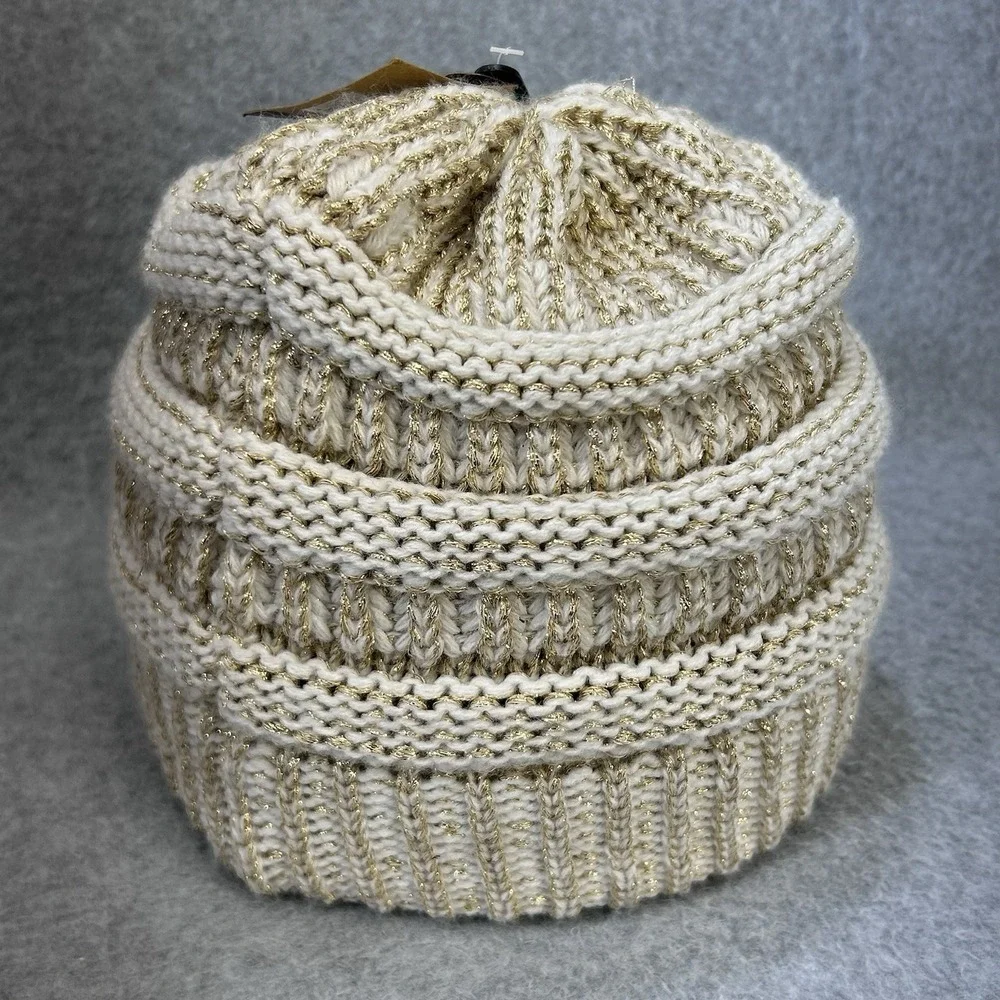 C.C Exclusives Knit Beanie Hat Cream Gold Metallic Acrylic One Size Women
